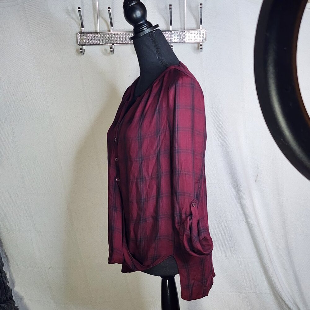 A.N.A. A New Approach Wine Black Plaid Long Tab Sleeve Button Up Faux Wrap Top S - Picture 8 of 16